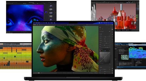 A variety of colourful screen content from music production, video editing, 3D animation, and photo editing apps on Mac, demonstrating powerful graphics performance