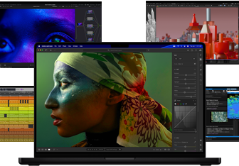 A variety of colourful screen content from music production, video editing, 3D animation and photo editing apps on Mac, demonstrating powerful graphics performance