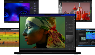 A variety of colourful screen content from music production, video editing, 3D animation and photo editing apps on Mac, demonstrating powerful graphics performance