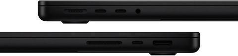 Showing the ports on MacBook Pro — left side: MagSafe 3, two Thunderbolt ports, and headphone jack — right side: SDXC card slot, one Thunderbolt port and HDMI