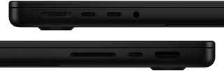 Showing the ports on MacBook Pro — left side: MagSafe 3, two Thunderbolt ports and headphone jack — right side: SDXC card slot, one Thunderbolt port and HDMI
