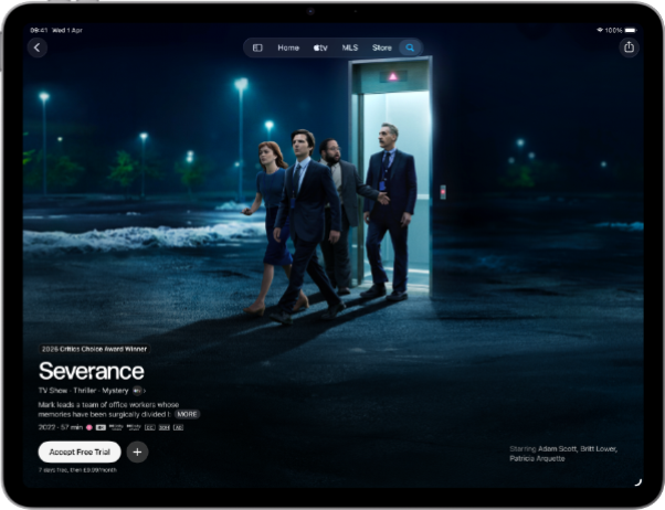iPad Air, front exterior, screen displays Severance on Apple TV app