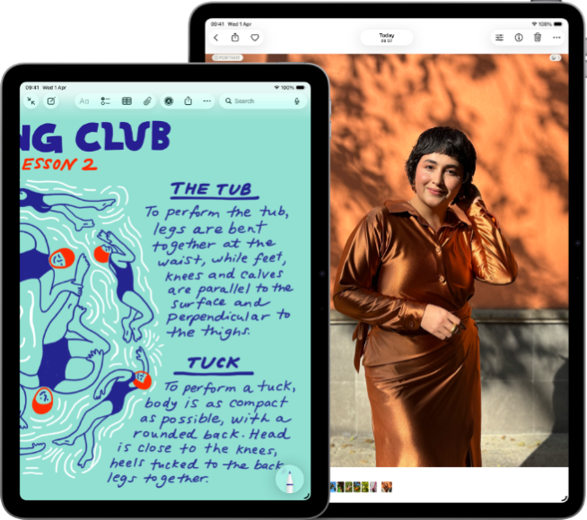 Two iPad Air, sizes: 11-inch and 13-inch, 11-inch shows colourful text on the Notes app, 13-inch screen shows a photo of a person on the Photos app