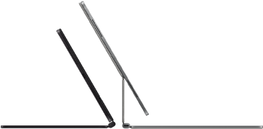 2 iPad Pro devices attached to Magic Keyboard, side exterior, thin profile, space black colour with speakers and USB-C port, tilted half open, silver colour, open, tilted back showing the keyboard’s floating cantilever design, speakers and microphone