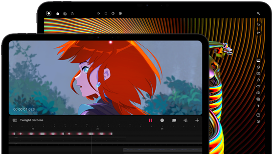 13‑inch iPad Pro and 11‑inch iPad Pro, front exterior, landscape orientation, space black colour, rounded corners, black display bezel, 11‑inch display showing a vibrant image of a character with red hair, 13‑inch display showing colourful photo editing interface elements