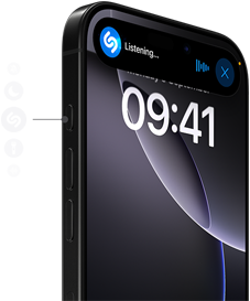 Logos of different action button options shown next to an iPhone 16 Pro in Black Titanium, Shazam is listening for a song onscreen