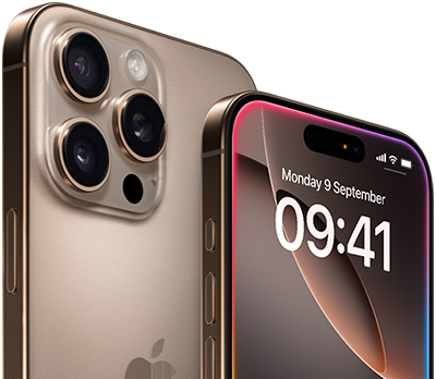Two models, iPhone 16 Pro Max, Desert Titanium, back exterior, iPhone 16 Pro, Desert Titanium, front exterior, Apple Intelligence glow around screen