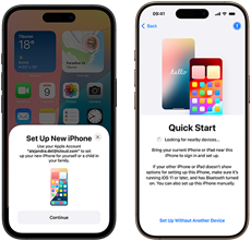 A new iPhone being set up next to an older iPhone, using Quick Start to guide the user through a data transfer