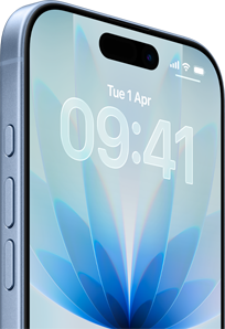 iPhone 17, exterior front, Blue Mist colour, Dynamic island centred, buttons: Action button, volume