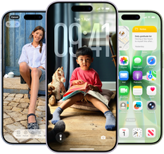 iPhone 17, exterior front, Dynamic Island centred near top, three colours: Mist Blue, Lavender, Sage