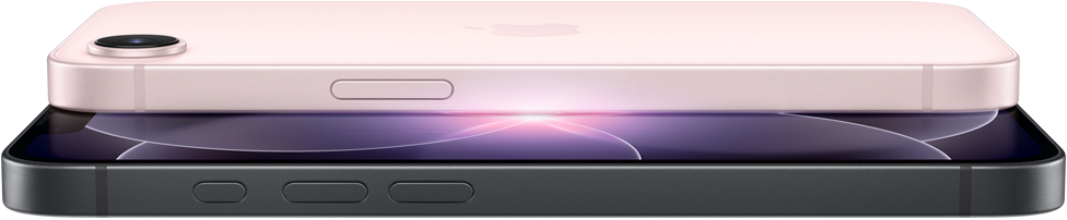 iPhone 17e, horizontal side and back exterior, soft pink colour, iPhone 17e, horizontal side and front exterior, black colour