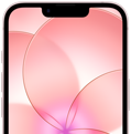 iPhone 17e, partial front exterior with Ceramic Shield 2, soft pink colour, showing wallpaper image of a pink flower
