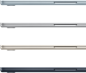 Side exteriors of four MacBook Air laptops, showcasing four different finishes