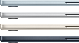 Side exteriors of four MacBook Air laptops, showcasing four different finishes