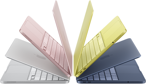 MacBook Neo laptops in silver, blush, citrus and indigo colours, slightly open and arranged in an arch formation