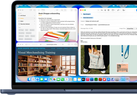 MacBook Neo, indigo colour, screen shows composing a welcome email to new employee of bookstore, other tiled windows contain Notes doc about onboarding and bookstore's employee portal website in Safari