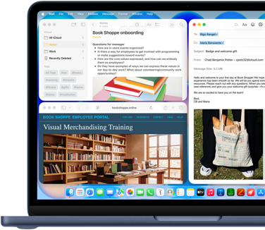 MacBook Neo, indigo colour, screen shows composing a welcome email to new employee of bookstore, other tiled windows contain Notes doc about onboarding and bookstore's employee portal website in Safari