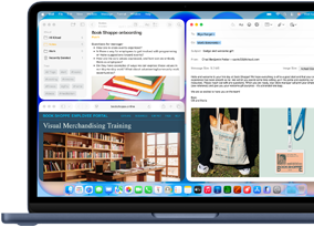 MacBook Neo, indigo colour, screen shows composing a welcome email to new employee of bookstore, other tiled windows contain Notes doc about onboarding and bookstore's employee portal website in Safari