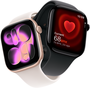 Apple Watch Series 11, aluminium rose gold, Responsive Art watch face, right side exterior: Digital Crown, microphone, side button, light blush Sport Band, Apple Watch Series 11, aluminium jet black, Heart Rate app, current beats per minute, right side exterior: Digital Crown, black Sport Band