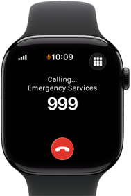 Apple Watch Series 11, aluminium jet black case, emergency call to 999 on screen, right side exterior: Digital Crown, black Sport Band