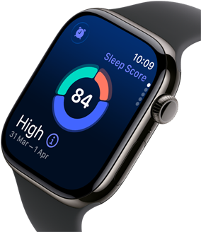 Up close Apple Watch Series 11 with a titanium slate case, showing sleep score on screen