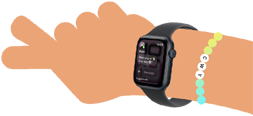 Cartoon illustration of kid’s wrist wearing Apple Watch SE 3 with the Messages app open on the screen