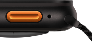 Apple Watch Ultra 3, black colour, titanium case, convex sensor on back, left side exterior, speaker/air vent, Action button, microphone