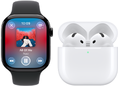 Apple Watch Series 11, titanium slate case, strap: black sport band, Apple Music app open, paired with AirPods 4