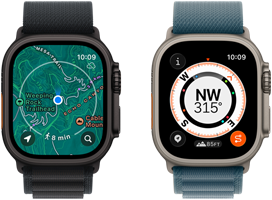 Two Apple Watch Ultra 3 devices, one showing maps and the other showing Backtrack features including compass, elevation and marked waypoints