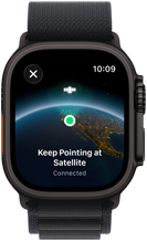 Apple Watch Ultra 3, black colour, titanium case, "Keep Pointing at Satellite" over Earth with a location on screen, strap, Alpine Loop
