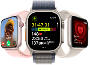 Apple Watch Series 9 facing slightly left, Apple Watch Ultra 2 facing forwards and Apple Watch SE facing slightly right