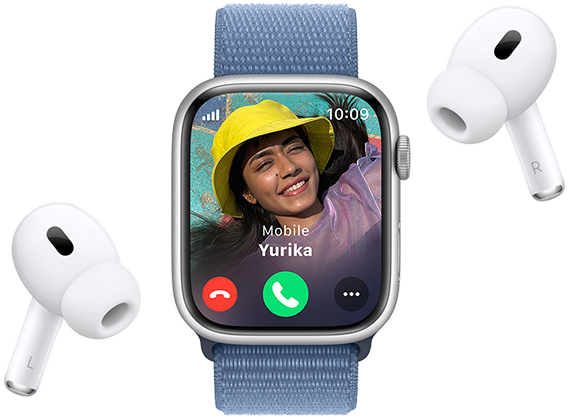 Apple Watch Series 9 showing an incoming call screen with AirPods Pro nearby